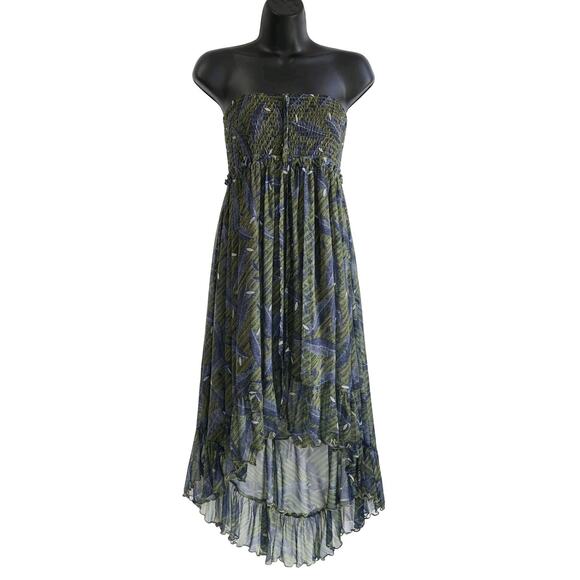 Lapis Dresses & Skirts - Lapis Women Strapless Sundress L Green Boho Leaf Print High Low Chiffon Festival